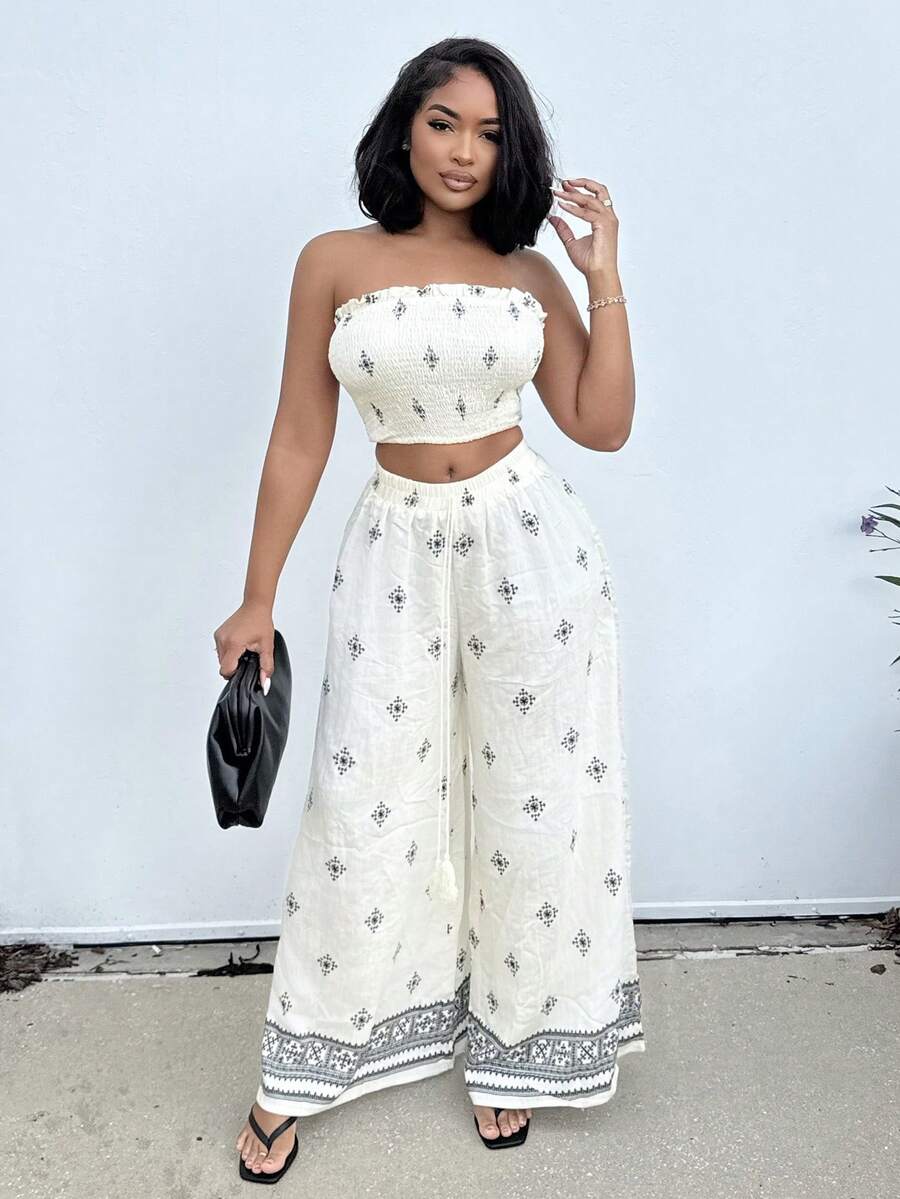 Alexandranx 女式度假撞色印花优雅休闲弹力修身褶皱上衣阔腿裤套装抹胸和裤子套装女式夏装女式两件套度假装女士度假两件套波西米亚风女装 - 米色 - 查看 1