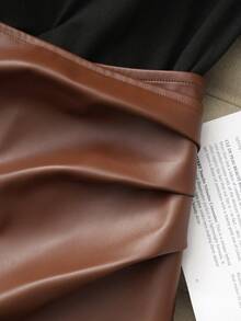 Franclia Fashionable New High-Neck Short-Sleeved Slim-Fitting Black Vest + Stylish Brown Glossy Leather PU Skirt, Irregular Mini Skirt, Spring/Summer High-Waisted Slimming Bodycon Sexy Pleated Women's Two-Piece Set,Summer,Spring,Valentine's Day ,Romance , Dating,Beach, Wedding,Birthday,Going Out,Elegant,Casual,Vacation,Graduation Season Attire, Fashionable Casual Commuter Wear, Business Office Wear, Versatile And Stylish Everyday Casual Wear, Urban Teacher's Professional Attire - Brown - View 3