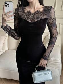 Dazy Tall Tall Women's Lace Patchwork Backless Hollow-Out Elegant Velvet Casual Long Bodycon Dress - Black - View 6