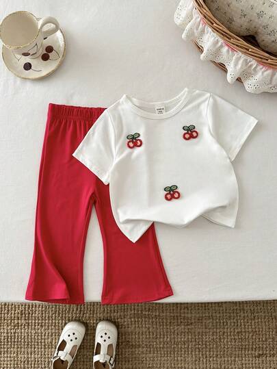 SHEIN 2pcs Baby Girls' Fashionable Cute 3D Cherry Decor Short Sleeve Top And Pants Set, Suitable For Spring/Summer, Home, Outdoor, Vacation, Daily Wear