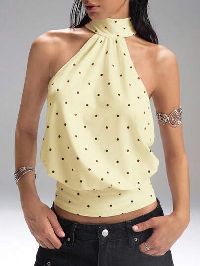 LYSMO Camiseta de punto de cuello alto con cremallera y lunares para mujer en verano, sin mangas, minimalista y casual, versátil para el uso diario, camiseta de tirantes amarillo mantequilla, linda camiseta amarilla, camiseta amarilla clara, tops de halter para mujer