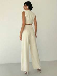 Firerie 2pcs Women Elegant Casual Minimalist Commute Office Daily Vacation V-Neck Sleeveless Blue & White Striped Vest & High Waist Wide Leg Straight Blue & White Striped Pants Set, Hawaii Vacation Outfit - Apricot - View 7