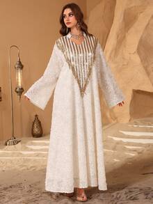 Layrah 时尚网纱刺绣亮片拼接流苏长袍 - 杏色 - 查看 5