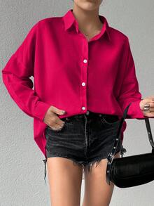 Cotton Women's Drop Shoulder Long Sleeve Solid Color Basic Shirt - Hot Pink - View 4