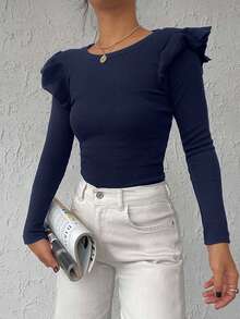 EURMUSE 95% Cotton Ribbed Knit Ruffle Trim Tee - Navy Blue - View 7