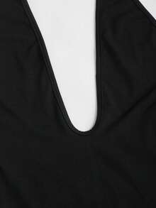 Sweetra Black Deep V Neck Backless Bodysuit, Highly Elastic, Minimalist, Suitable For Vacation, Party, Everyday Wear, Spring/Summer - Black - View 4