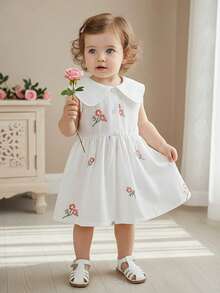 SHEIN 女婴休闲花卉刺绣无袖连衣裙，夏季 - 白色 - 查看 3