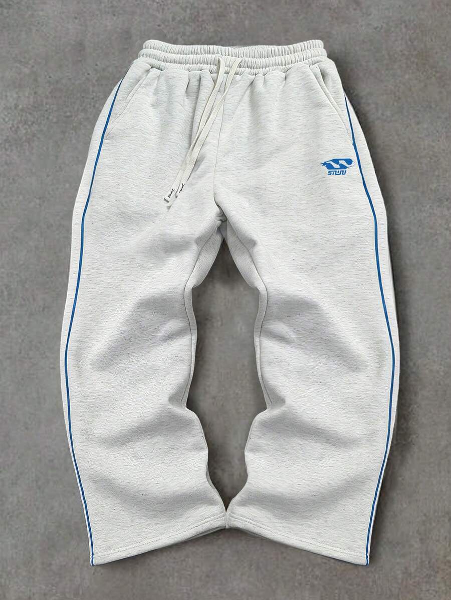 SUMWON Relaxed Fit Sweatpants With Blue Side Stripe Detail Elastic Waistband Drawstring Closure Fleece Material Casual Loungewear Comfort - Light Grey - View 1