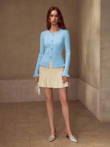 MOTF PREMIUM RUFFLED HEM FLORAL BUTTON LONG SLEEVE SWEATER