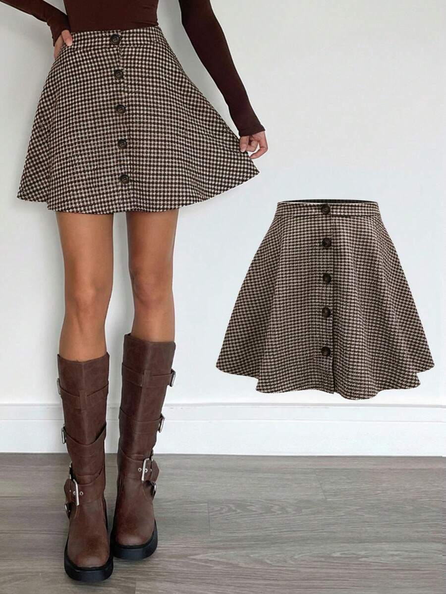 SHEIN Váy chữ A cài nút họa tiết răng sói cổ điển thanh lịch, đơn giản, thường ngày dành cho bé gái tuổi teen, váy họa tiết đại học - màu nâu - Xem 1