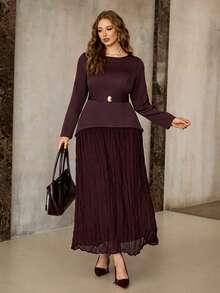 Roveilla 大码女士优雅纯色拼接褶裥下摆系带两件式连衣裙，春秋季 - 紫紅色 - 查看 5