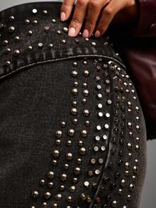 NYA SZN Skirt Denim High Rise Bodycon Fitted Studded Silver Hardware Streetwear Grunge Lux Washed Black Holiday Carnival Outfits For Women - Black - View 4