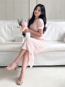 DAZY Women's V-Neck Fitted Waist Textured Mid-Length Dress Spring - Baby Pink - View 7