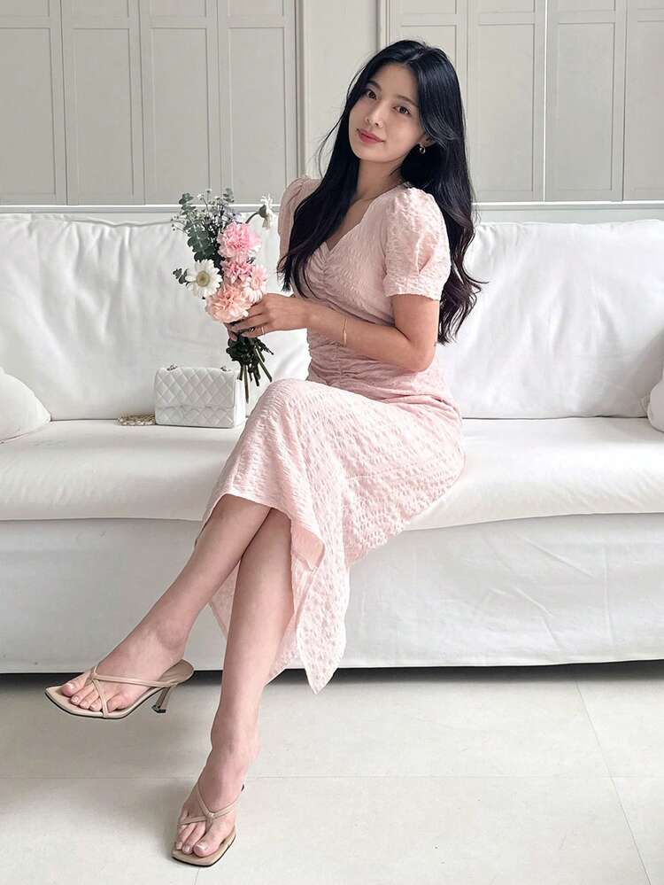 Women's V-Neck Fitted Waist Textured Mid-Length Dress Spring Summer Sundress