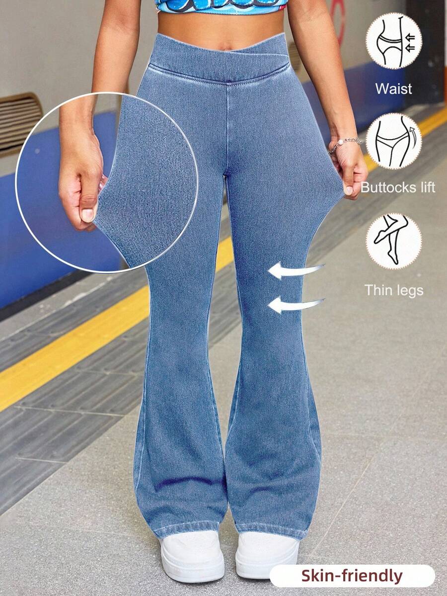 SHEIN Teen Girl Asymmetric Waist Casual Everyday Elastic Denim Flare Pants - Light Wash - View 1