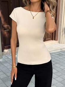Pariaura Elegant Women's Cream Cap Sleeve Texture Pattern T-Shirt With Bow Knot Back Detail Round Neck Casual Regular Fit Top - Multicolor - View 4