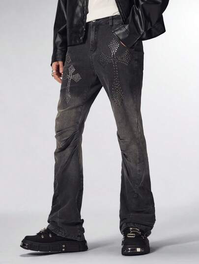Street Life Herren Jeans mit hoher Taille, modischem Kreuz-Muster, Strass-Applikationen und weitem Bein