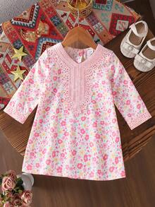 SHEIN Đầm dài tay cổ điển viền ren hoa cho bé gái, mùa thu - Hồng - Xem 1