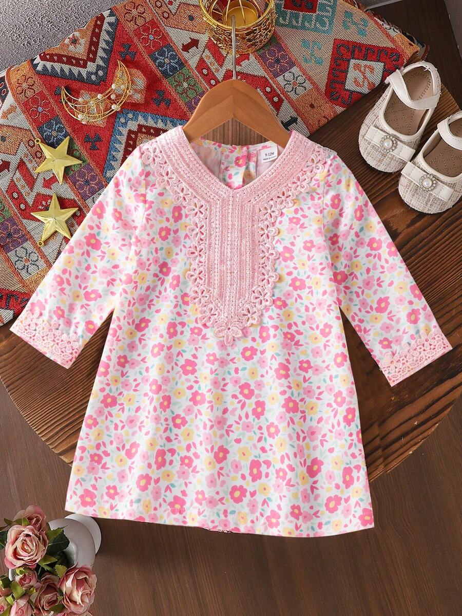 SHEIN Đầm dài tay cổ điển viền ren hoa cho bé gái, mùa thu - Hồng - Xem 1