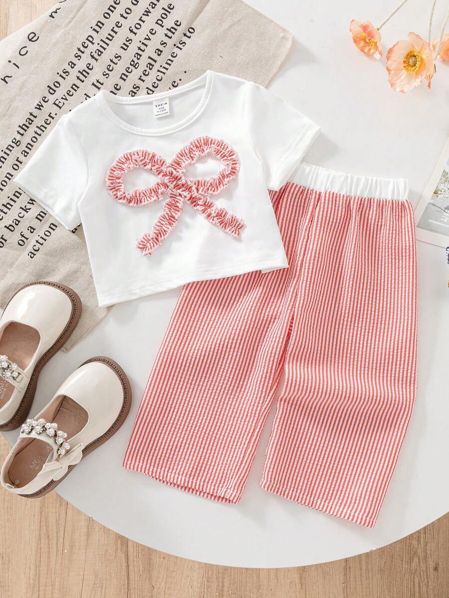 SHEIN 2件套女婴幼儿/新生儿0-3岁可爱休闲条纹蝴蝶结装饰T恤+条纹裤套装，婴儿Morandee蓝色套装，春夏款 - 紅色 - 查看 1