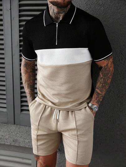 Manfinity CasualCool Men's Contrast Color Short Sleeve Polo Shirt And Shorts Casual Suit