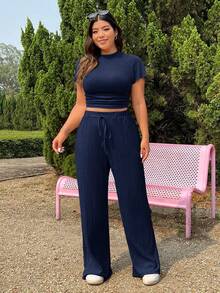 SHEIN EZwear Bộ 2 món màu xanh hải quân cỡ lớn gồm áo dệt kim họa tiết và quần xếp ly có dây rút, kiểu dáng thường ngày. - Màu xanh hải quân - Xem 11