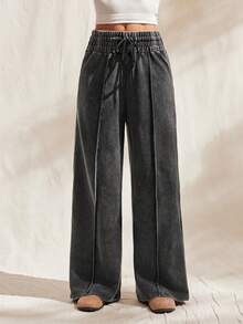 Easelle 女式高腰宽松喇叭运动裤（仿旧黑灰色），秋冬款 - 黑色 - 查看 3