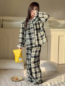 DAZY 少女格子长袖上衣和裤子睡衣套装，秋冬季 - 黑色 - 查看 7