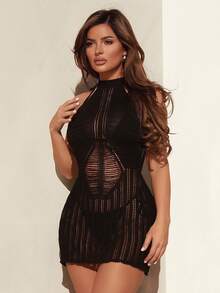 Swim SXY Spring/Summer New 1 Piece Black Halter Backless Hollow-Out Textured Elegant Vacation Style Women's Swimsuit Dress - Black - View 6
