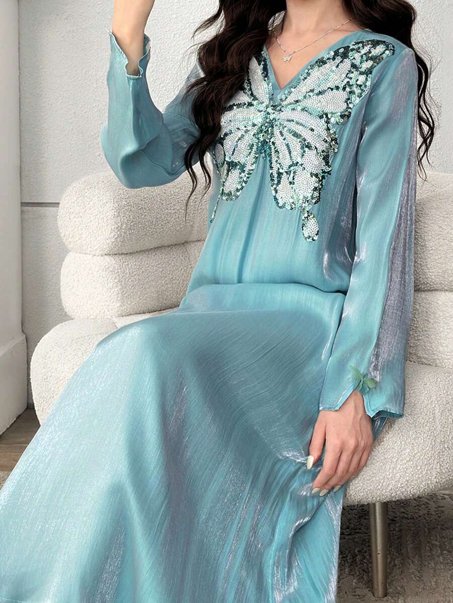 SHEIN Teen Girl Iridescent Sequin Butterfly Beaded Embroidered Casual Dress Sequin Butterfly Dress Long Modest Dresses For Girls Teenager Dress Abaya - Blue - View 1