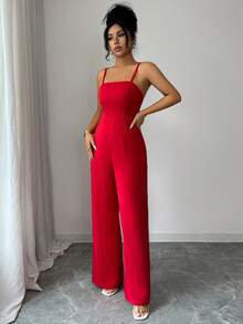 Lyxana 优雅女士短款露腰雪纺连体裤，亮红色，修身剪裁，休闲日常穿着，约会，情人节，婚礼季，春夏皆宜。 - 紅色 - 查看 5