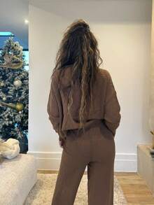 RebeccaVibe Brown Sweater Fall Women Clothes Old Money Autumn Women's Solid Color Round Neck Raglan Sleeve Long Sleeve Sweater And Drawstring Waist Knit Pants Casual Suit Brown Two Piece Set Comfortable Two Piece Set, - Camel - View 2