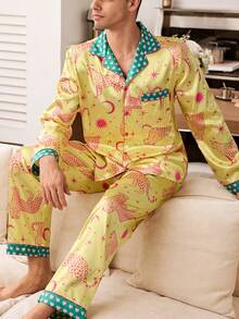 CoupledUp Couple Valentine's Day Minimalist Leopard, Sun, Star, Moon Print Lapel Cardigan Pajama Set For Men - Multicolor - View 5