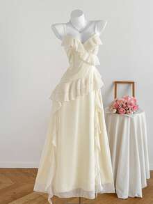 Comfortcana Women's Elegant Solid Color Ruffle Strap Dress, Summer Long Birthday Dress - Apricot - View 1
