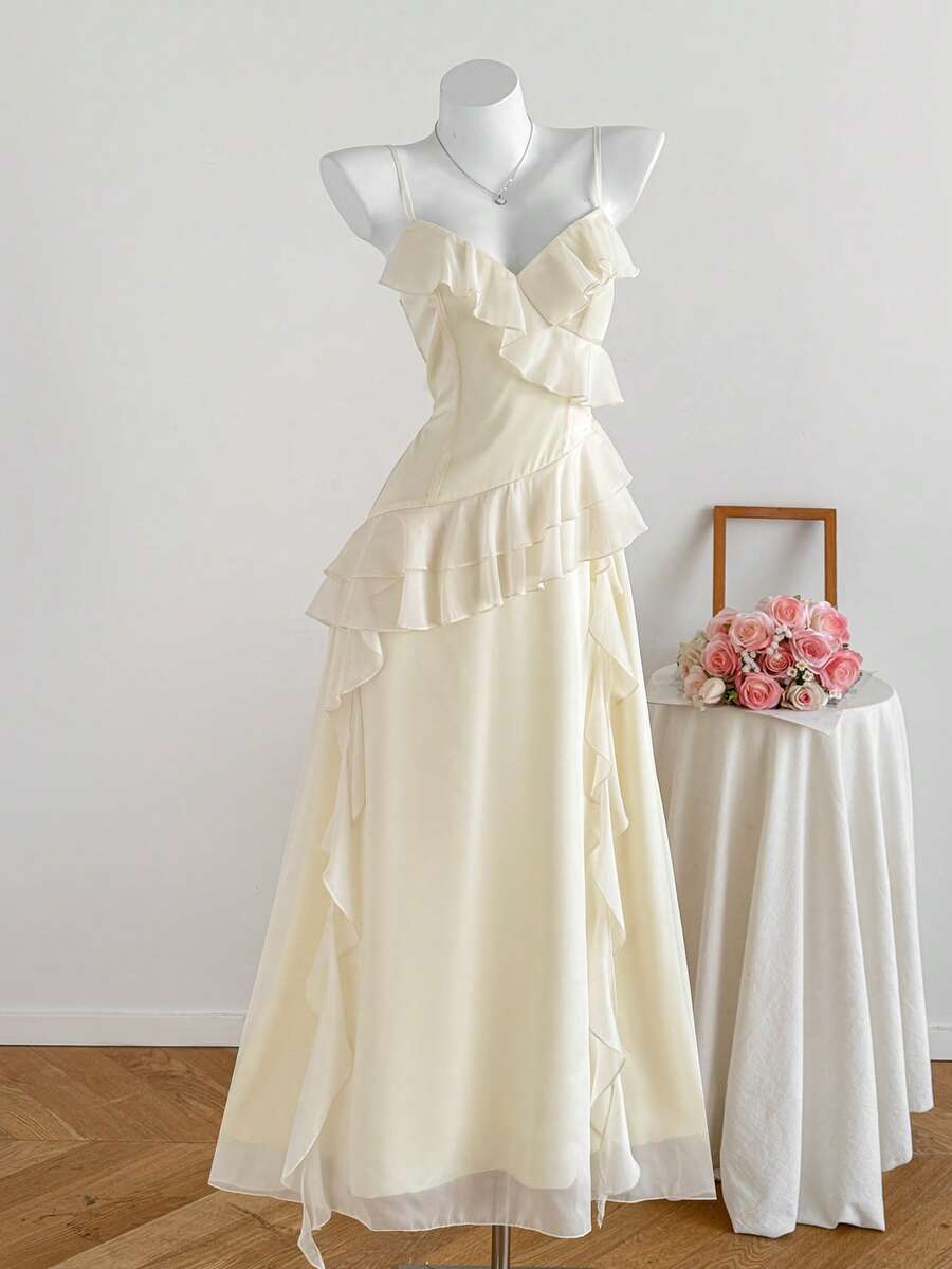 Comfortcana Women's Elegant Solid Color Ruffle Strap Dress, Summer Long Birthday Dress - Apricot - View 1