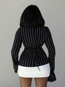Alexandranx 优雅蕾丝拼接拼色条纹喇叭长袖系带衬衫，收腰修身商务衬衫，黑白条纹衬衫，黑色长袖，长袖女衬衫，商务女装，女士正装衬衫，秋季女装上衣，FW24秋冬 - 黑與白 - 查看 2