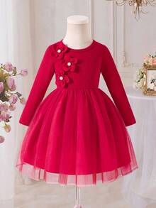 Roupas de Natal, Conjuntos de Outono para Meninas Jovens, Suéter de Tricô, Conjuntos de Outono, Top de Tricô com Vestido de Tule, Decoração de Flor 3D, Elegante e da Moda, Adequado para Uso Diário e Reuniões