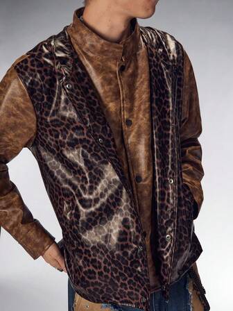 Friday the 13th X ROMWE Men's Leopard Print PU Leather Patchwork Hooded Belted Jacket