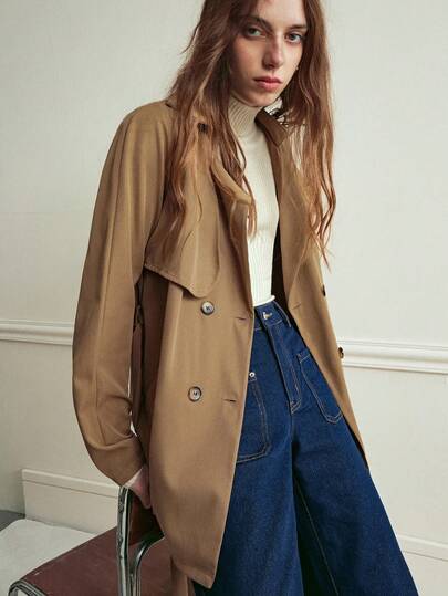 Écloséra Women's Solid Color Double-Breasted Belted Long Sleeve Trench Coat