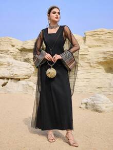 Al Najma 女士波西米亚风拼接印花薄纱喇叭袖长款束腰连衣裙 - 黑色 - 查看 6