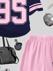 2pcs/Set Navy Blue & Pink Fashionable Graphic 95 Number Crew Neck Short Sleeve T-Shirt And Shorts Set, Casual Streetwear Style Outfit For Teen Girls, Suitable For Spring & Summer - Multicolor - View 6