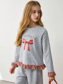 SHEIN Conjunto de dos piezas para niñas preadolescentes de primavera y otoño, 2026 Moda: Blusa de manga larga con estampado de moño y diseño de tela a cuadros, top casual de manga larga cómodo y pantalón de pierna ancha - Gris Claro - View 6