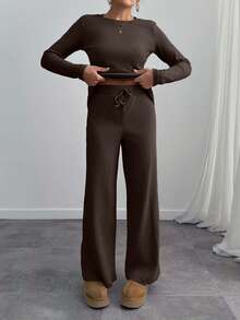 EURMUSE Women 2 Piece Casual Long Sleeve Top And Pants Set - Brown - View 6