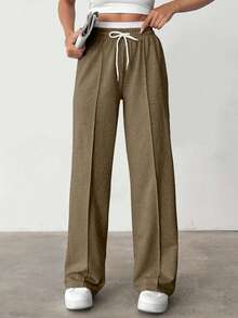 EURMUSE Cotton Drawstring Waist Seam Front Casual Sweatpants - Mocha Brown - View 4