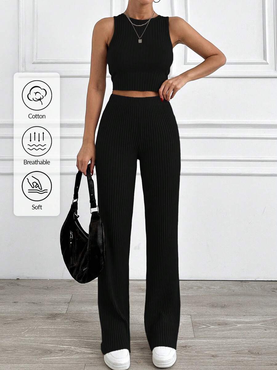 EURMUSE Conjunto de 2 piezas de top corto y pantalones de punto de canalé de algodón - Negro - Ver 1