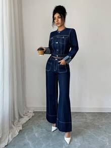 Elenzga 女士休闲水洗牛仔外套，秋季 - 深色水洗藍 - 查看 6