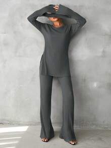 EURMUSE Cotton Solid Split Hem Tee & Flare Leg Pants - Grey - View 5