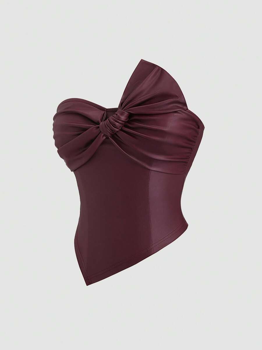 Sweetra 女士新款设计感高街优雅叠层复古纹理高端简约修身短款不对称上衣，春夏款 - 酒紅色 - 查看 1