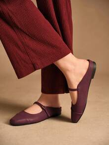 Rosivie Women's Buckle Design Casual Slip-On Mules - Burgundy - View 4