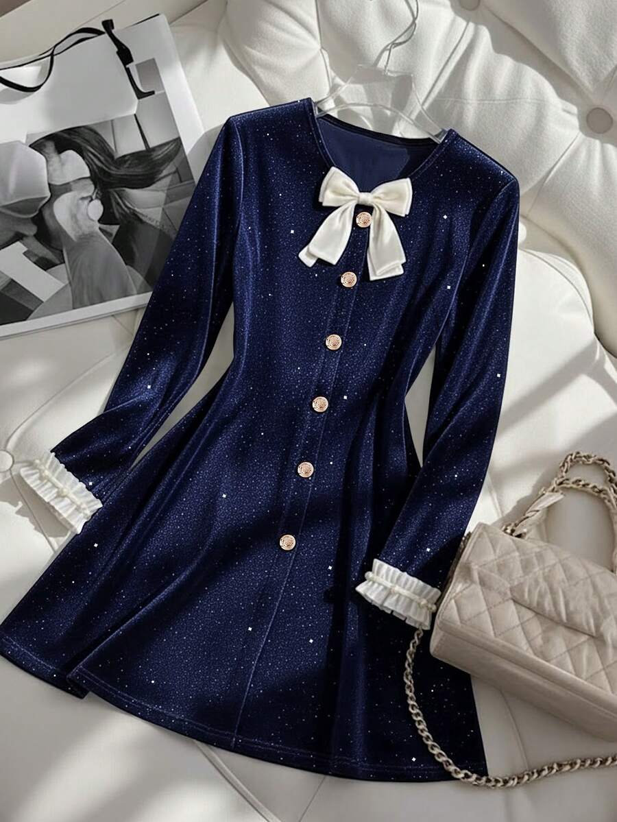 Lyxana Elegant Commuter Dress With Bow Decor And Front Button Closure - Navy Blue - View 1